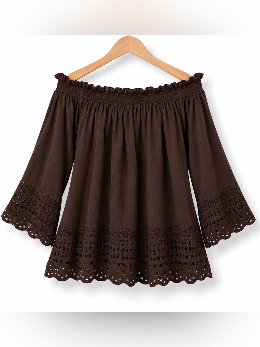 Anne Klein Chocolate Brown Off Shoulder Eyelet Bell Sleeve Blouse M